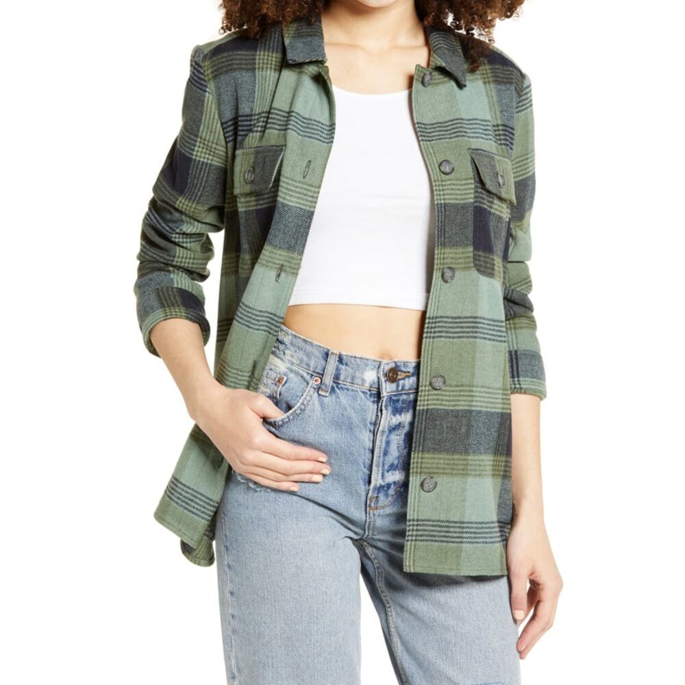 BP. Button Up Mid-Weight Flannel Shirt Jacket Wool Blend Green Plaid Womens XS